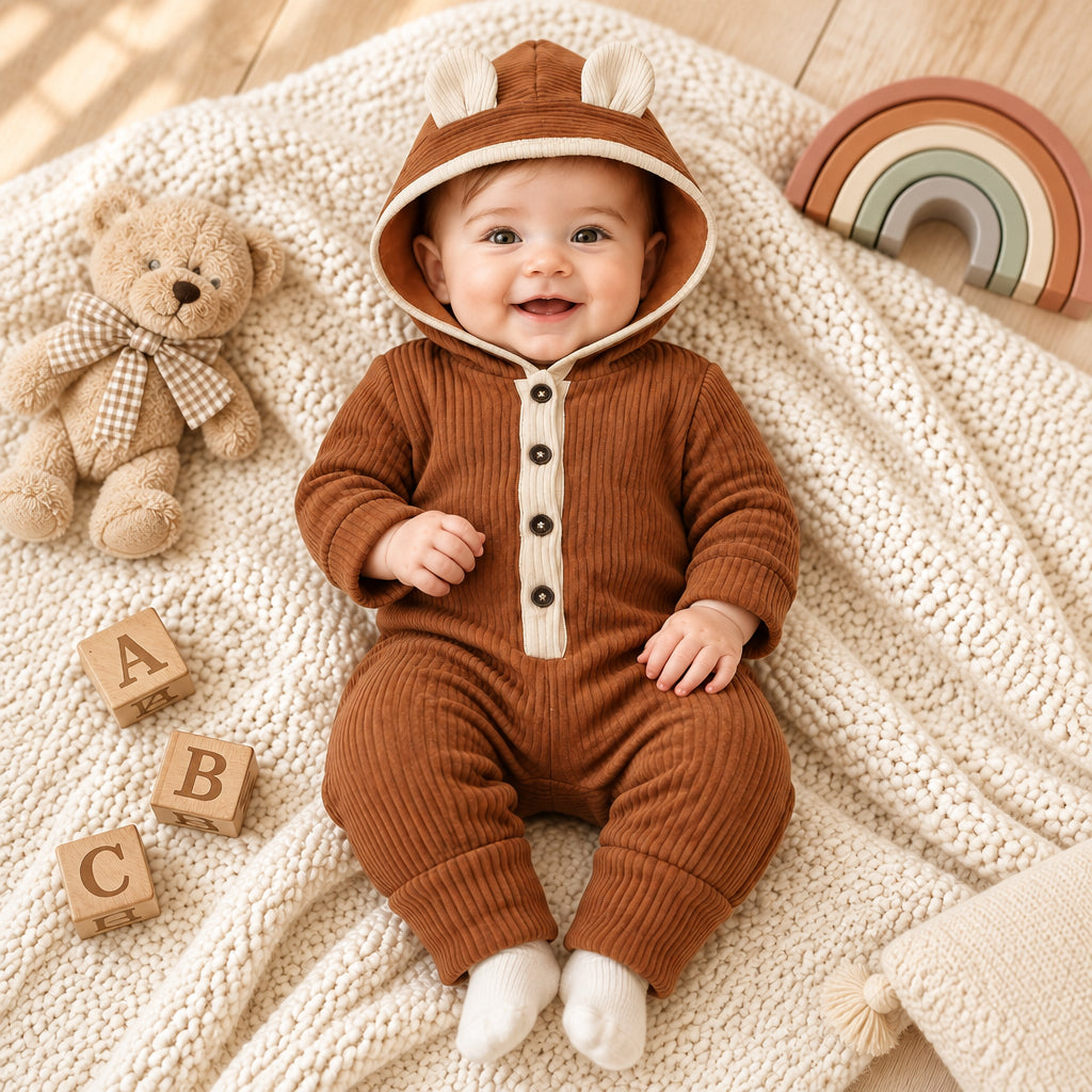 Bear Cub Ribbed Hooded Romper