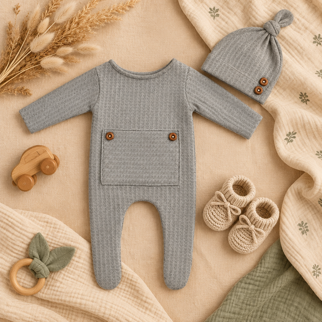 Newborn Waffle Jumpsuit & Beanie Set – Grey