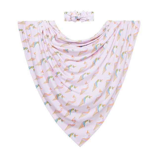 Newborn Cotton Wrap & Matching Accessory – Unicorn