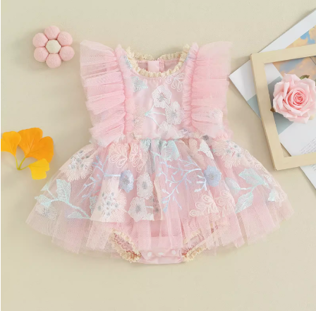 Sweet Tulle & Lace Floral Romper – Pink