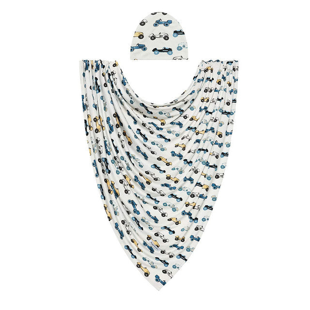Newborn Cotton Wrap & Matching Accessory – Blue Car
