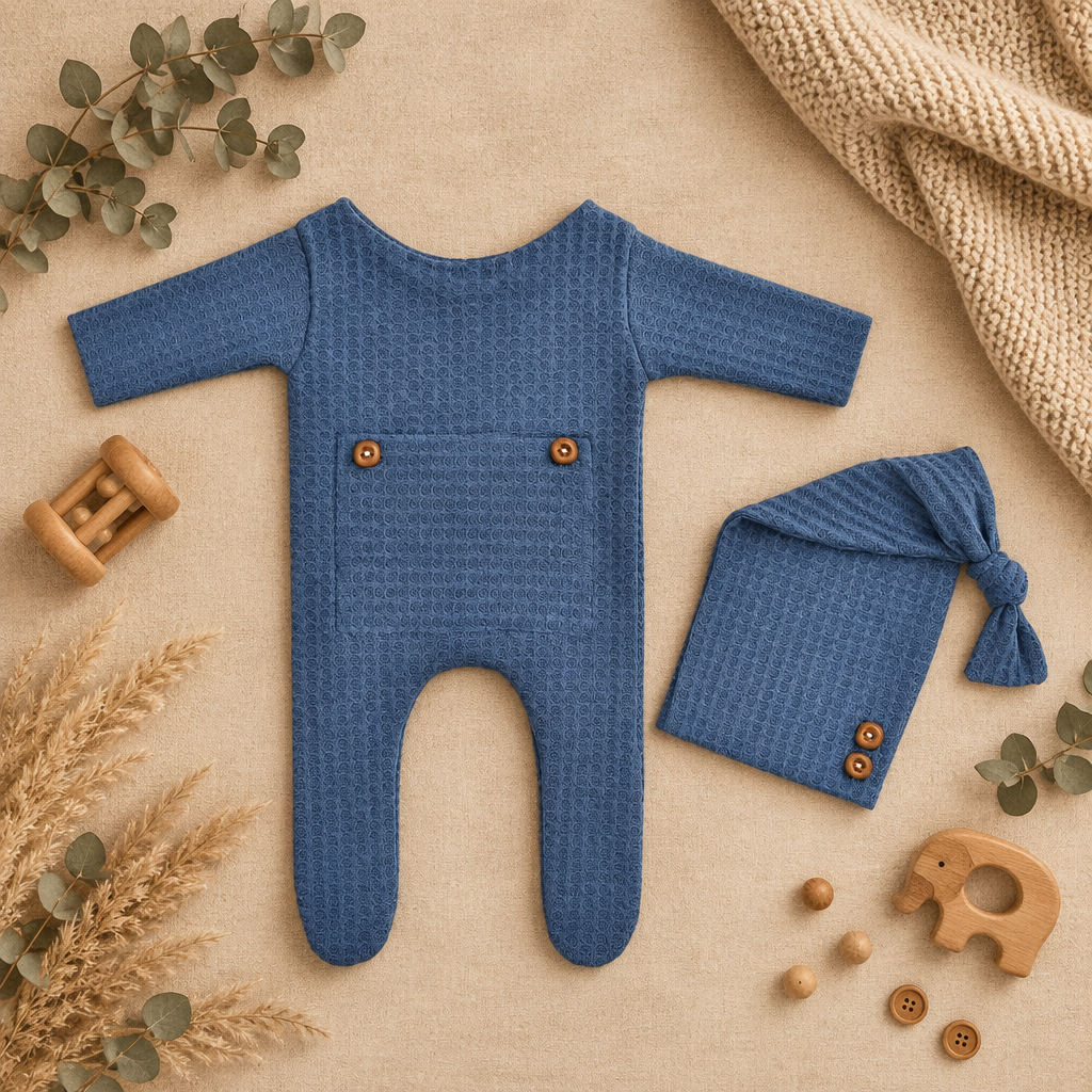 Newborn Waffle Jumpsuit & Beanie Set – Blue