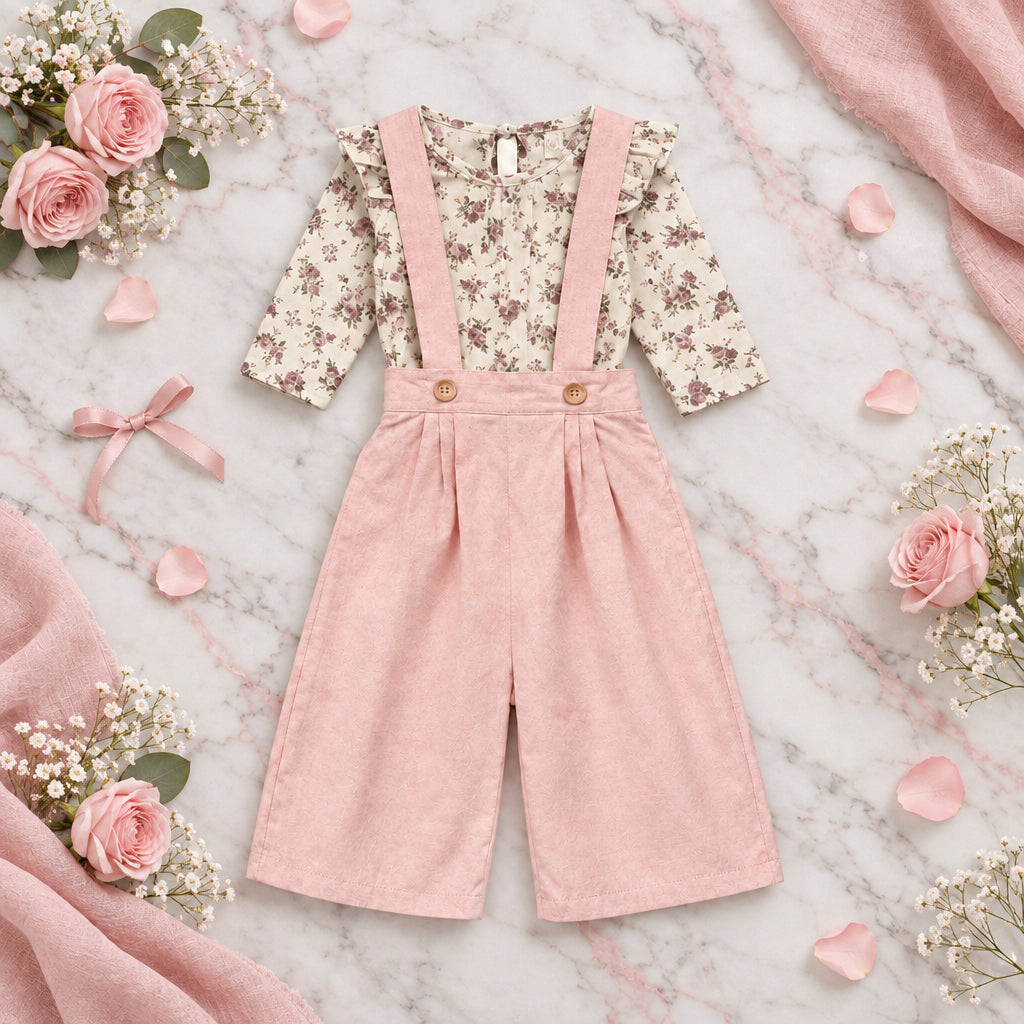 The Rosie Posy Set – floral top and pink suspender pants, front view
