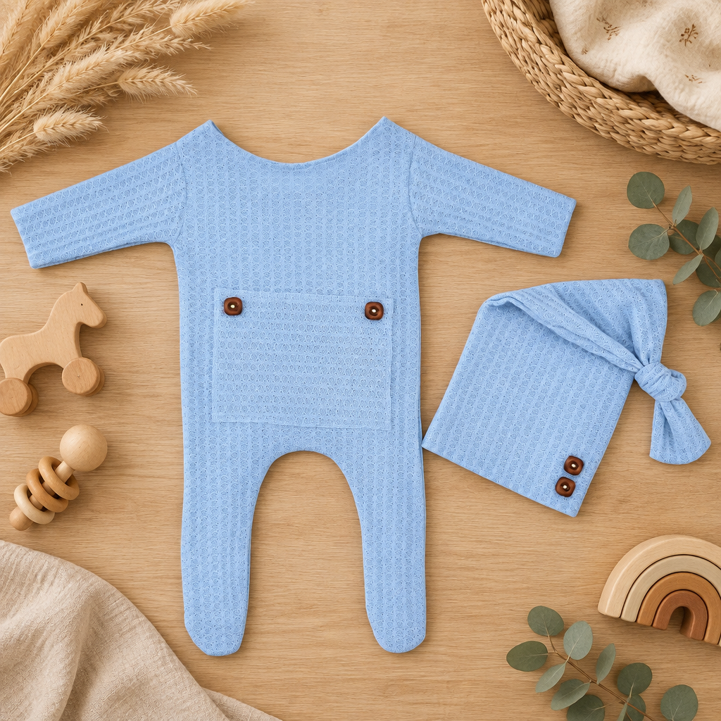 Newborn Waffle Jumpsuit & Beanie Set – Light Blue