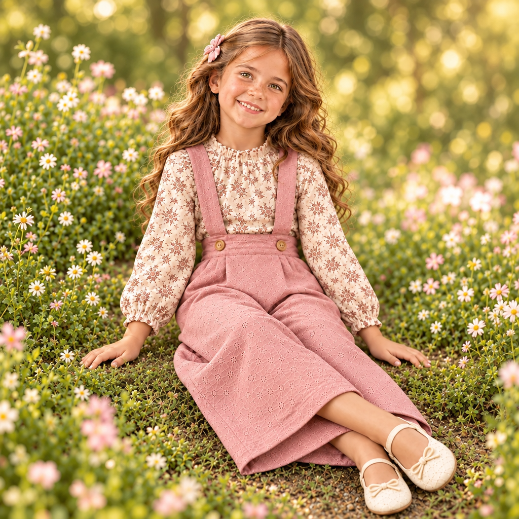 The Rosie Posy Set – girl wearing floral long-sleeve top and pink suspender pants