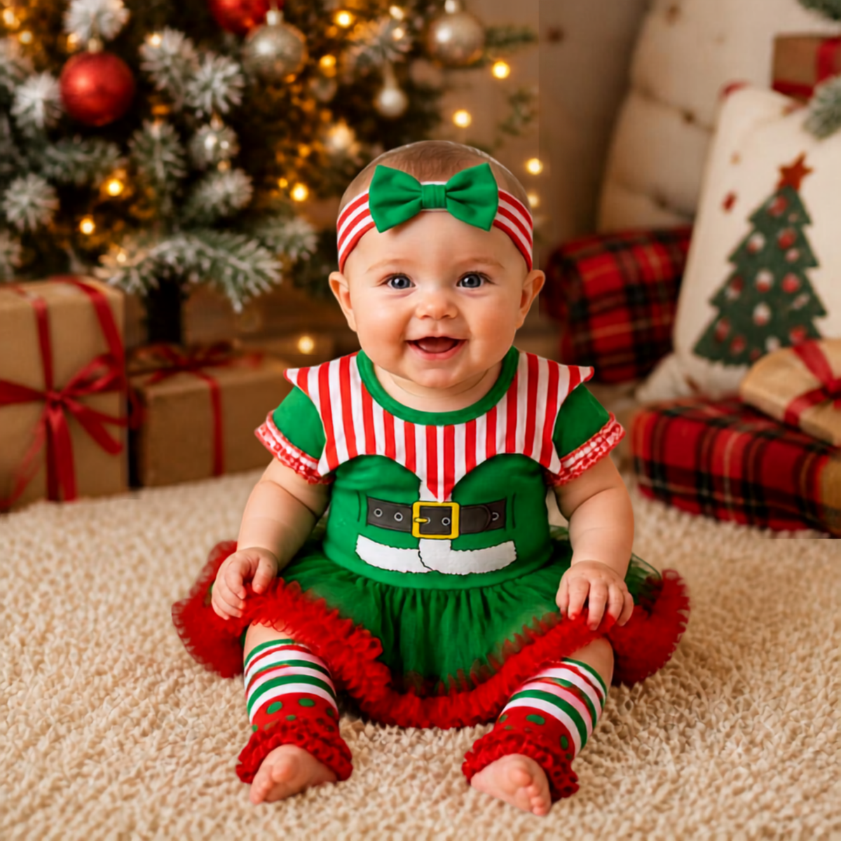 Festive Elf Baby Romper Set – Green and Red