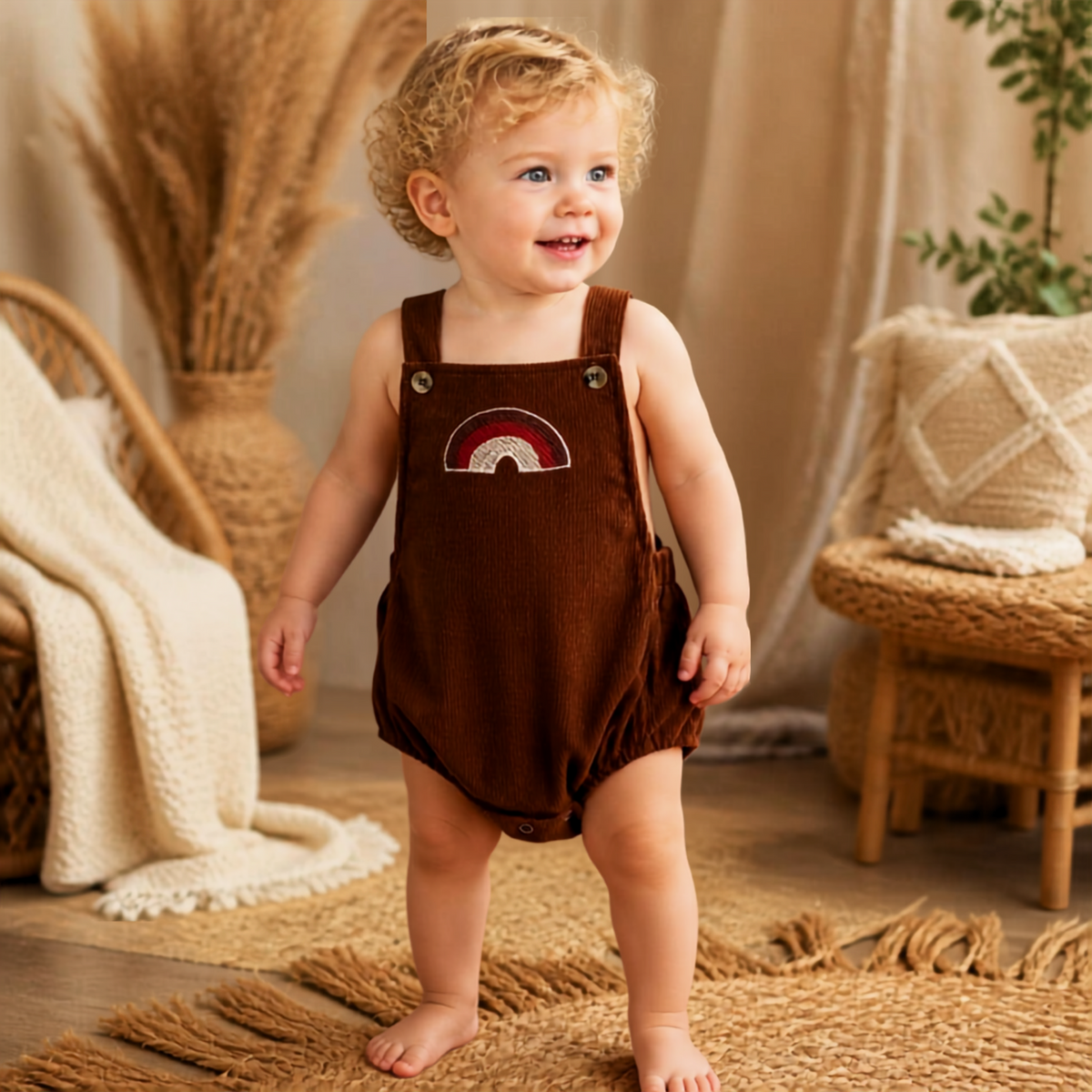 Lush Rainbow Corduroy Romper – Brown