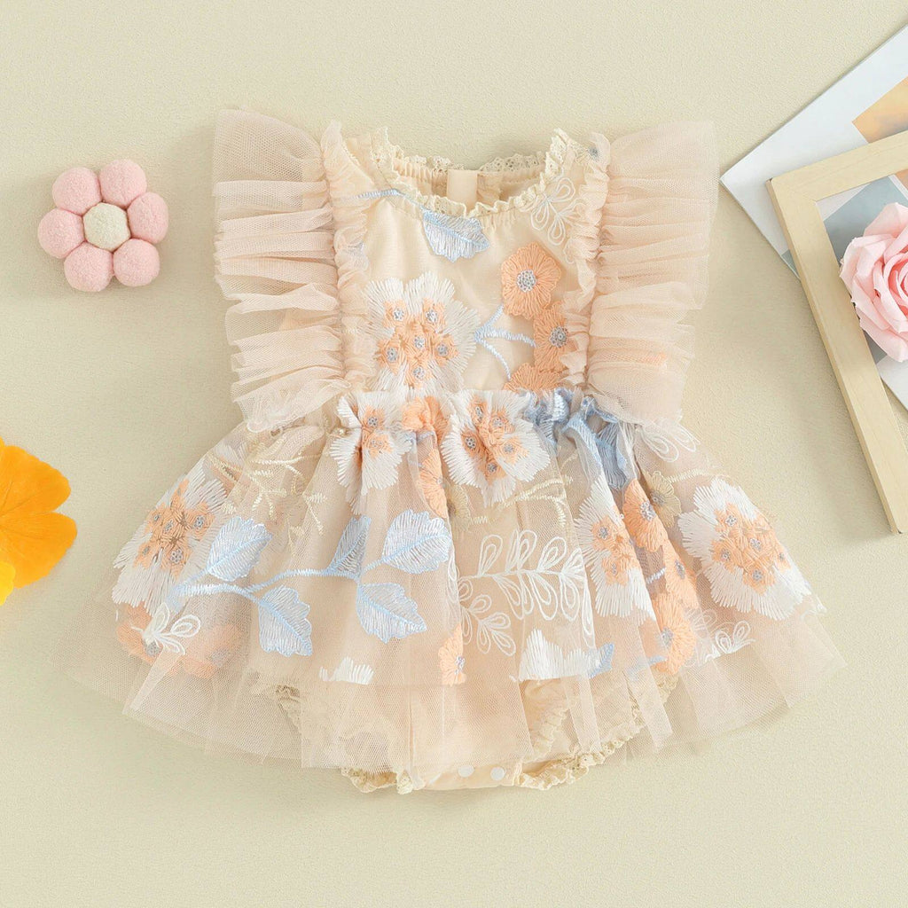 Sweet Tulle & Lace Floral Romper – Beige