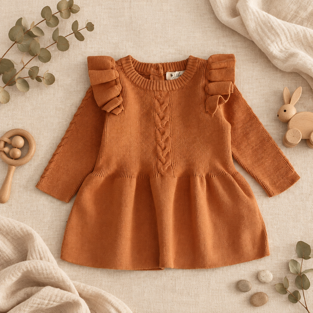 Heirloom Knit Ruffle Dress – Brown
