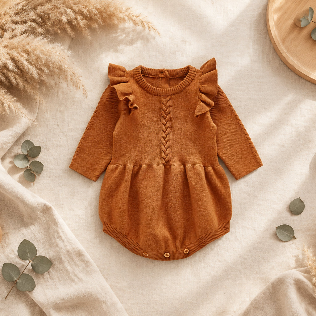 Heirloom Knit Ruffle Romper – Brown