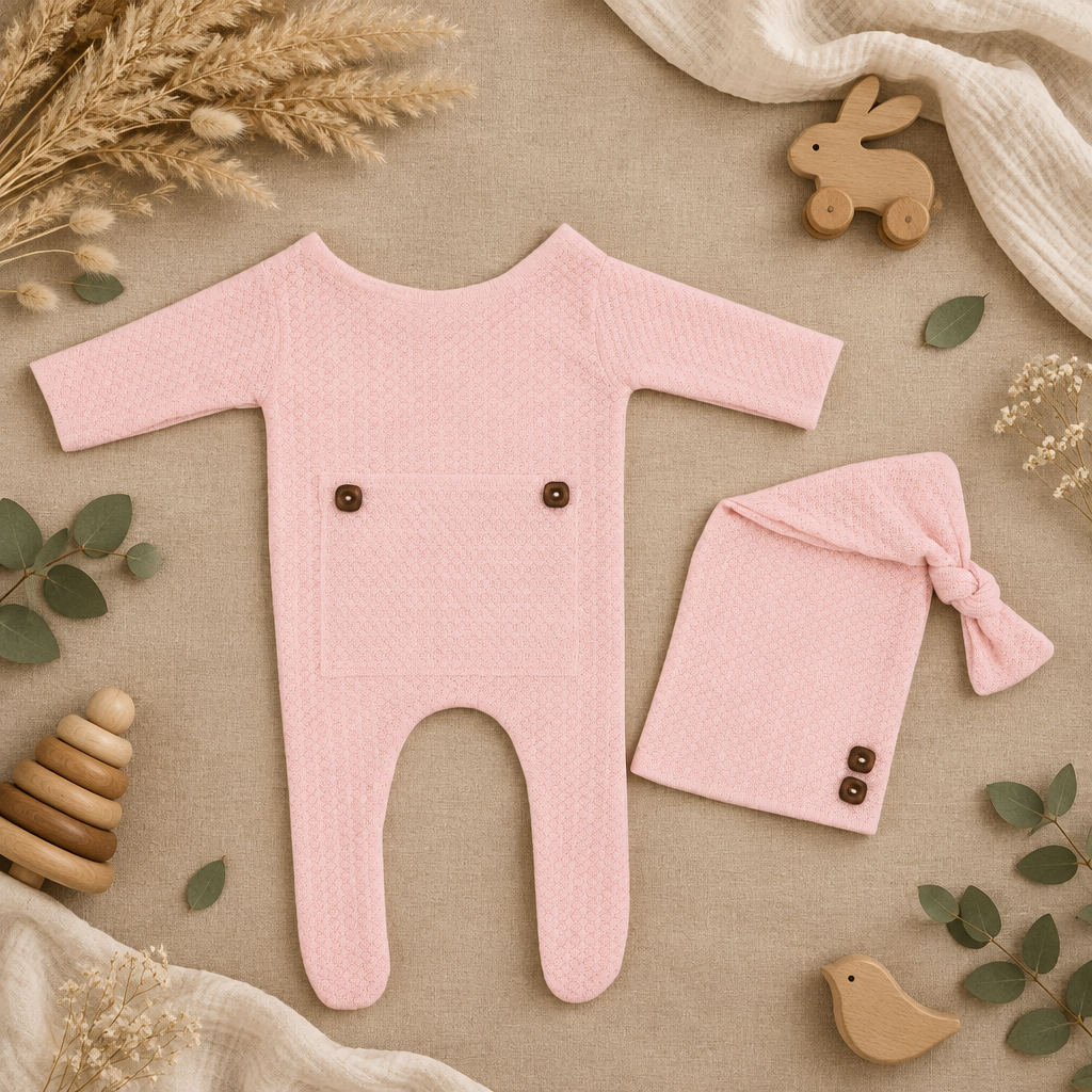 Newborn Waffle Jumpsuit & Beanie Set – Pink