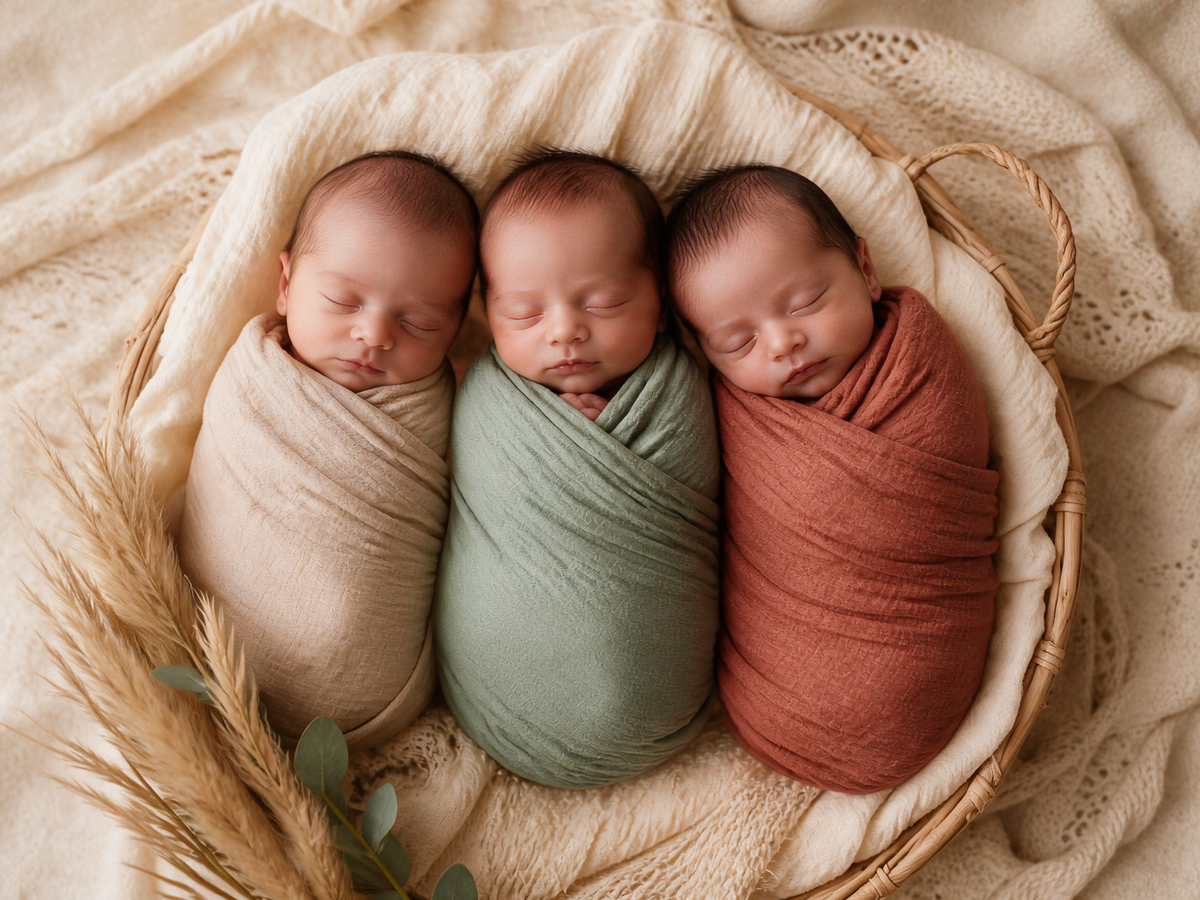 Three newborn babies swaddled in soft neutral wraps – Lush Kidz