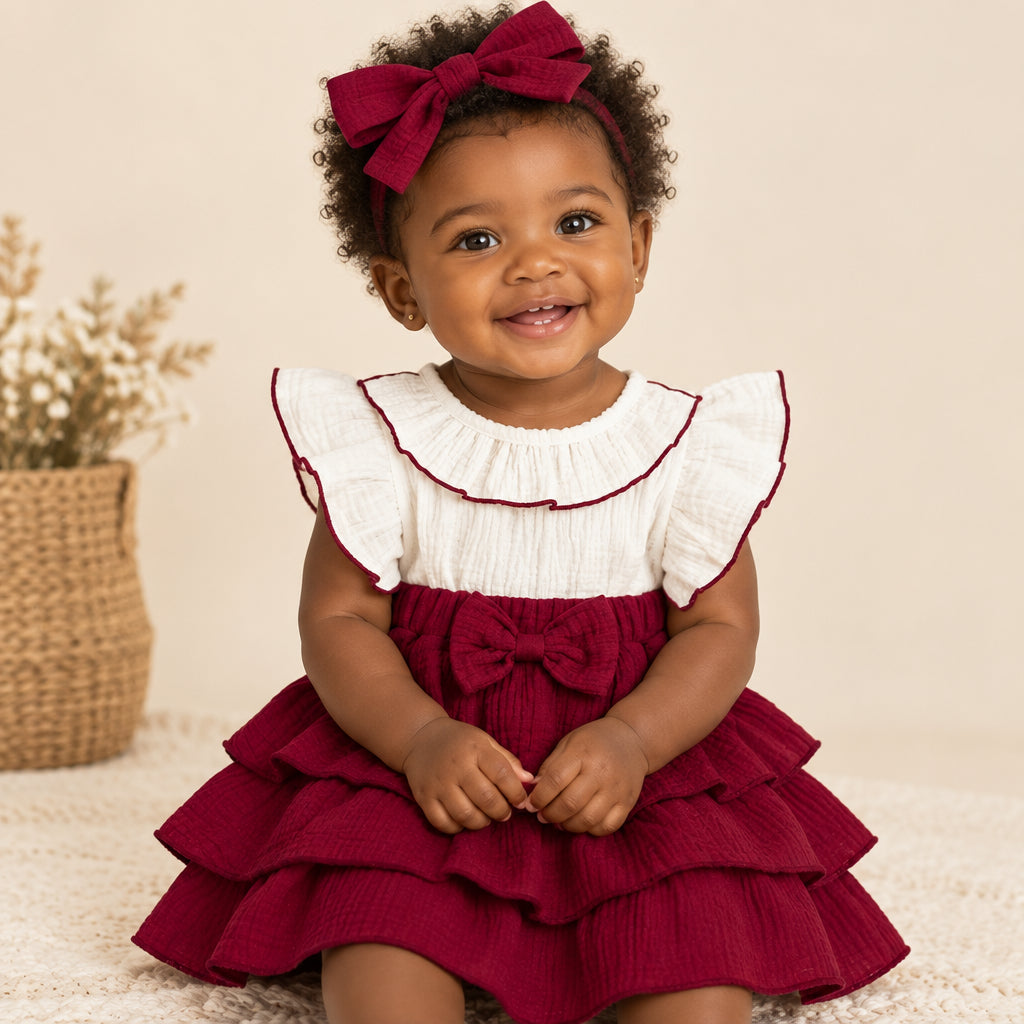 Claret Bow & Ruffle Dress
