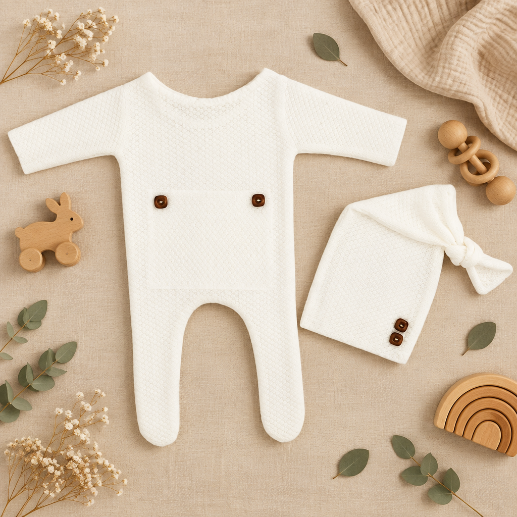Newborn Waffle Jumpsuit & Beanie Set – White