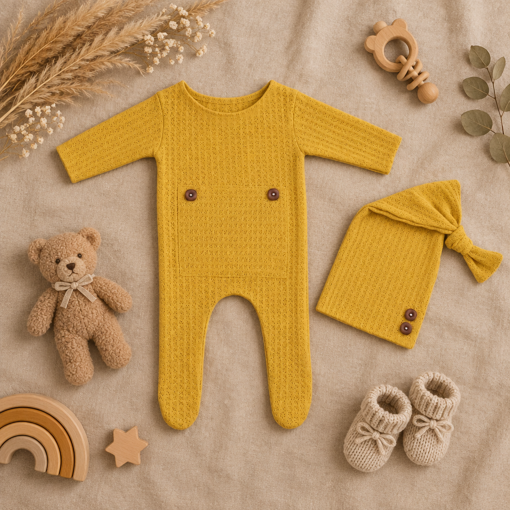 Newborn Waffle Jumpsuit & Beanie Set – Yellow